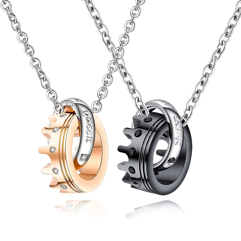 Ti-SPIRIT Couple Crowns Matching Necklaces His and Hers Black Gold Stainless Pendant