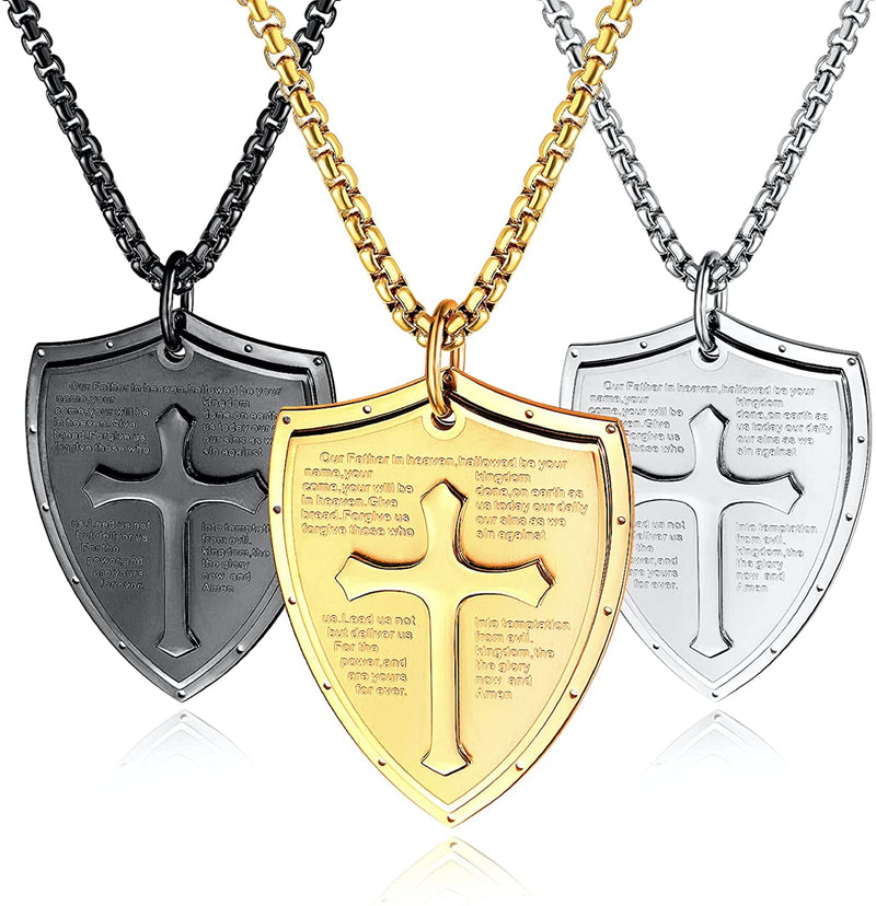 Ti-SPIRIT Custom Engrave Name Necklace, Cross Shield Titanium 3 Colors Plated Personalized Nameplate Main Prayer Religious Amulet