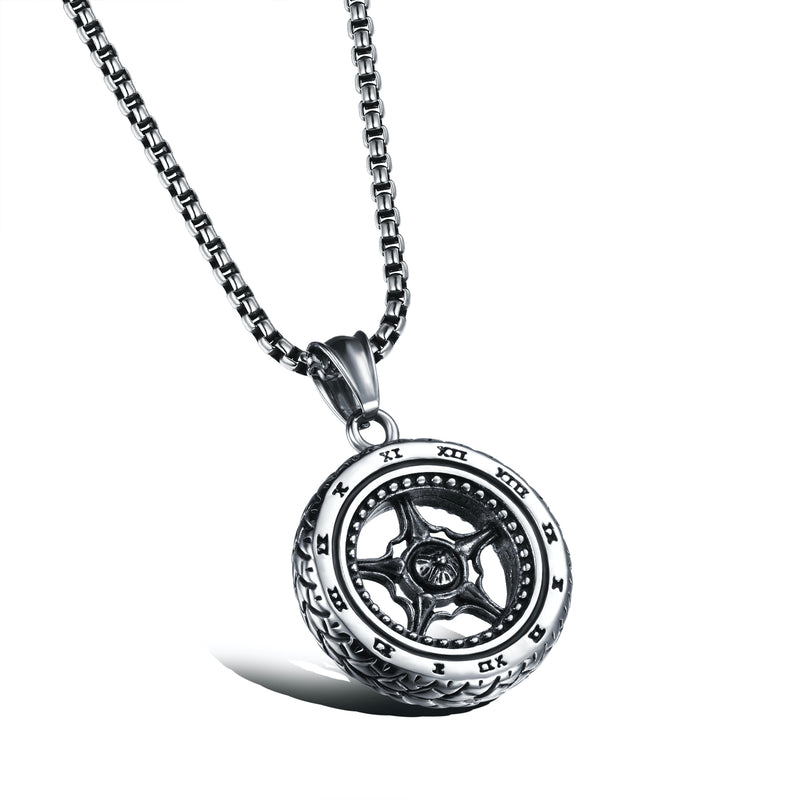 Ti-SPIRIT Vehicle Wheel Necklace Gold Silver Black Stainless Pendant with Chain Amulet