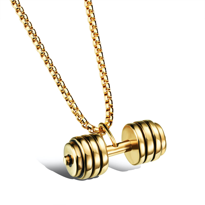 Ti-SPIRIT Dumbbell Necklace Gold Silver Black Stainless Pendant with Chain Amulet