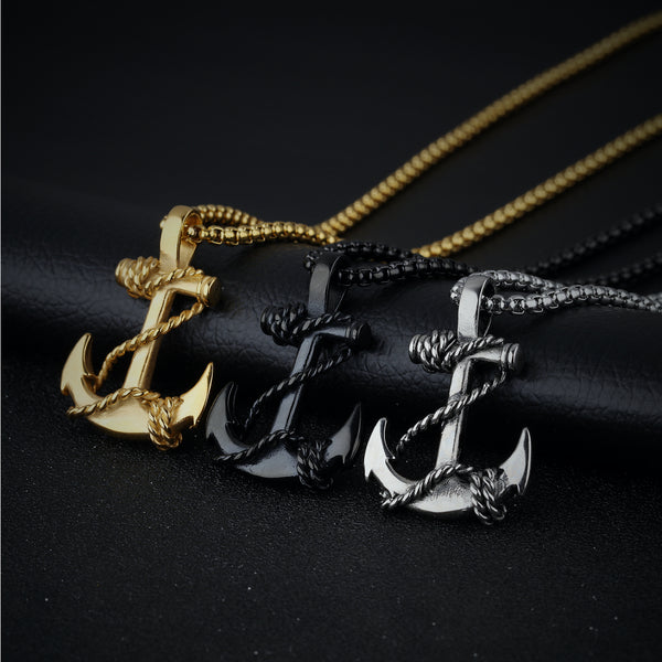Ti-SPIRIT Anchor Necklace Gold Silver Black Stainless Pendant with Chain Amulet