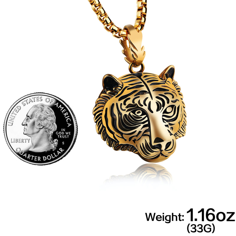 Ti-SPIRIT Head of Tiger Necklace Gold Silver Black Stainless Pendant with Chain Amulet