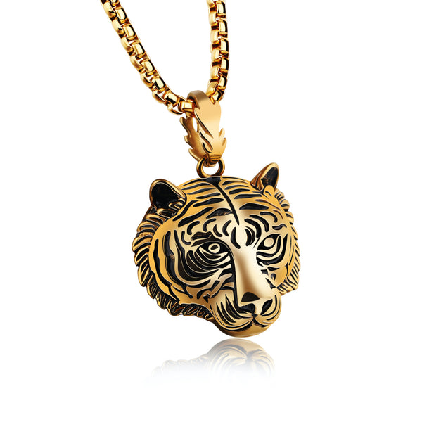 Ti-SPIRIT Head of Tiger Necklace Gold Silver Black Stainless Pendant with Chain Amulet