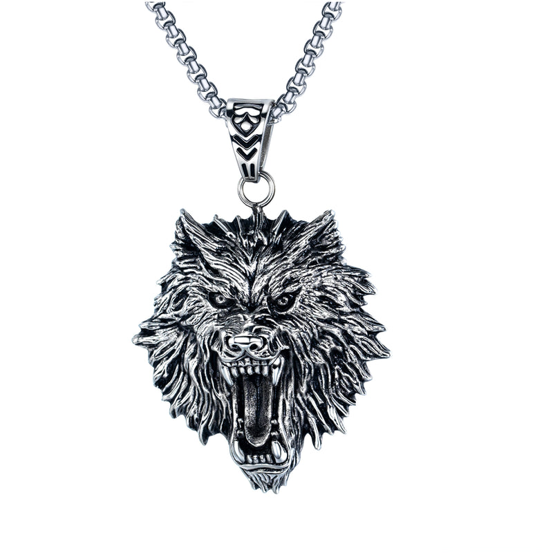 Ti-SPIRIT Head of Wolf Necklace Silver Stainless Pendant with Chain Amulet