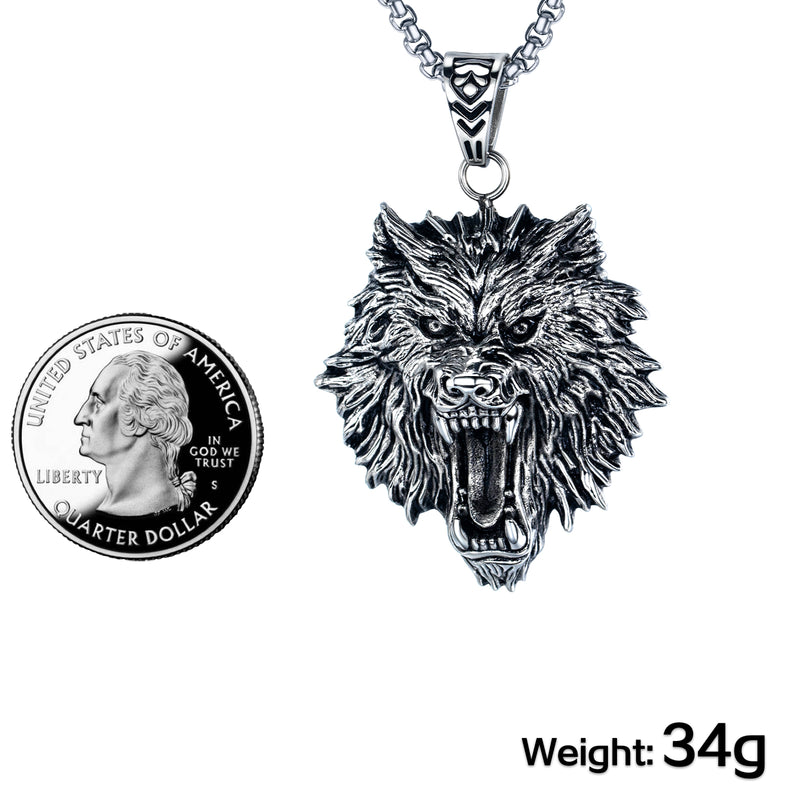 Ti-SPIRIT Head of Wolf Necklace Silver Stainless Pendant with Chain Amulet