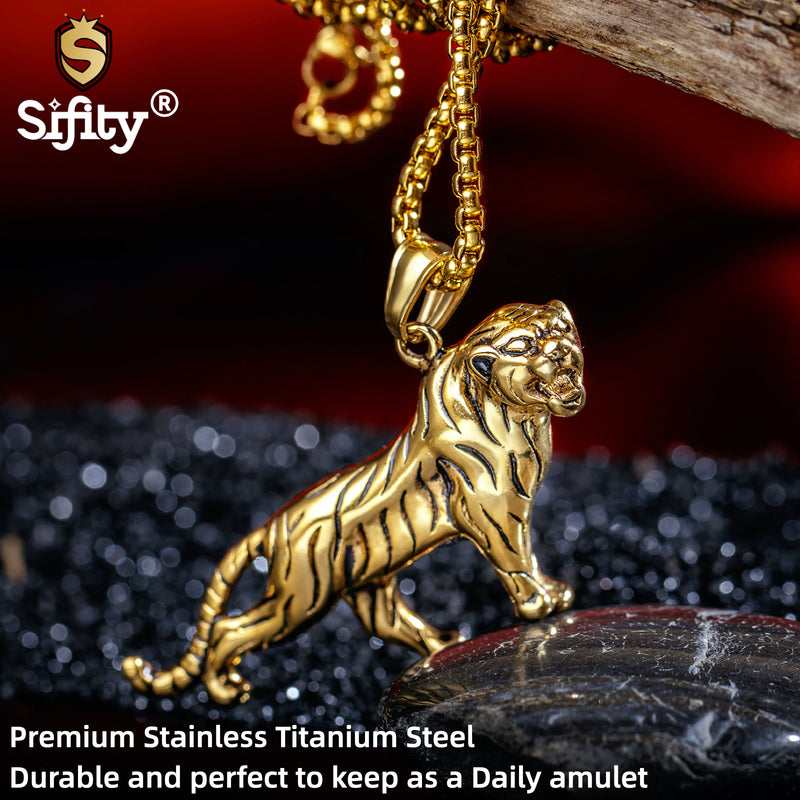 Ti-SPIRIT Tiger Necklace Gold Silver Stainless Pendant with Chain Amulet