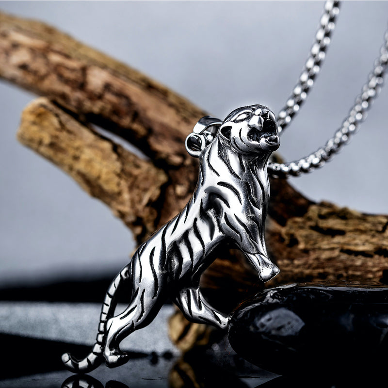 Ti-SPIRIT Tiger Necklace Gold Silver Stainless Pendant with Chain Amulet