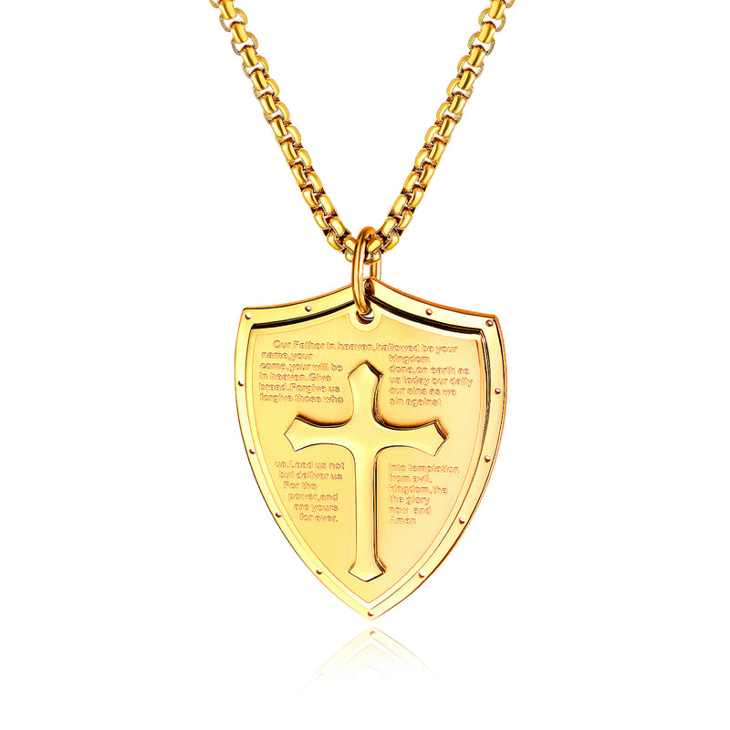 Ti-SPIRIT Custom Engrave Name Necklace, Cross Shield Titanium 3 Colors Plated Personalized Nameplate Main Prayer Religious Amulet