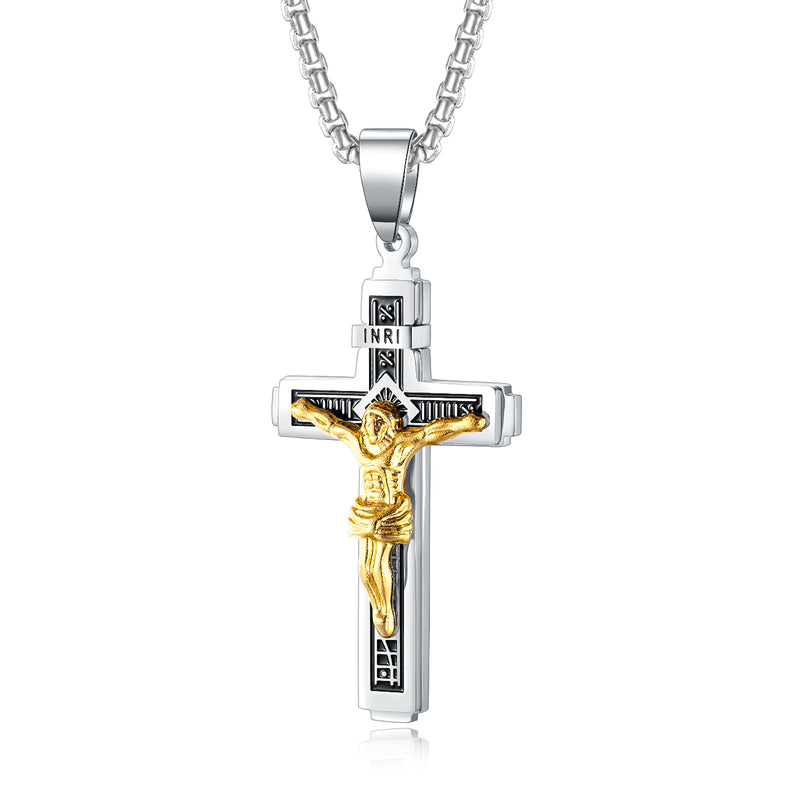 Ti-SPIRIT Gold Jesus Christ Silver Cross Necklace Titanium Steel Pendant Necklace Lord's Prayer INRI Crucifix Religious Amulet Chain 22 Inch