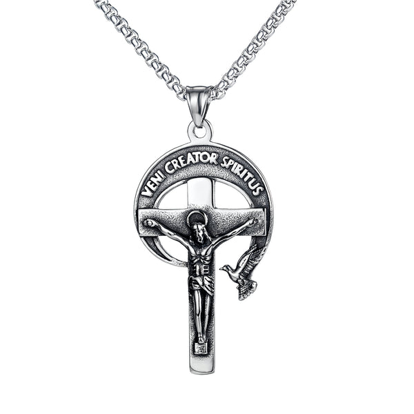 Ti-SPIRIT Veni Creator Spiritus Silver Necklace Cross Titanium Steel Pendant Lord's Prayer Jesus Christ INRI Crucifix Religious Amulet Chain 22 Inch