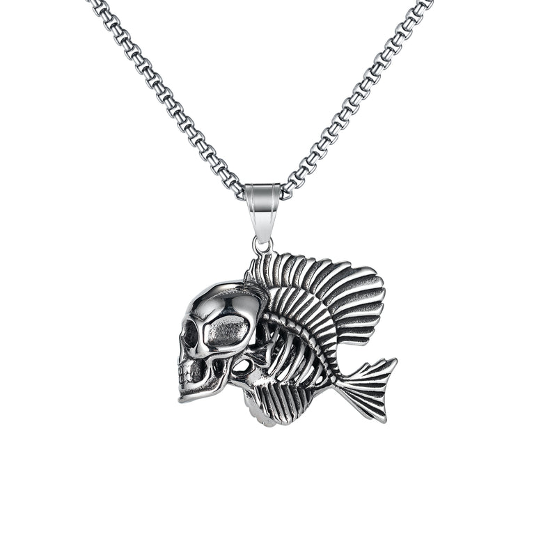 Ti-SPIRIT Skeleton Fish Necklace Silver Stainless Pendant with Chain Amulet