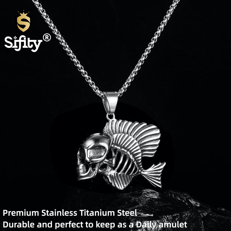 Ti-SPIRIT Skeleton Fish Necklace Silver Stainless Pendant with Chain Amulet