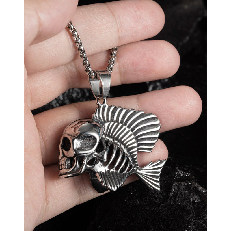 Ti-SPIRIT 骷髅鱼项链银色不锈钢吊坠带链护身符