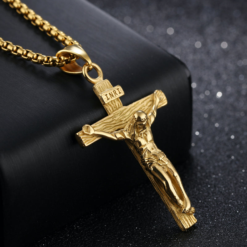 Ti-SPIRIT Cross Lord's Prayer INRI Crucifix Necklace Gold Titanium Steel