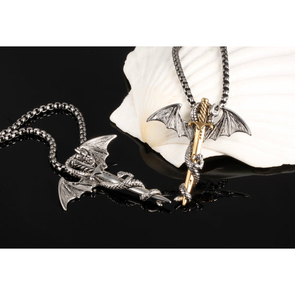 Ti-SPIRIT Dragon and Sword Necklace Gold Silver Stainless Pendant with Chain Amulet