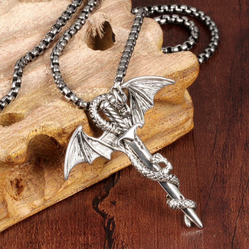 Ti-SPIRIT 龙与剑项链金银不锈钢吊坠配链护身符