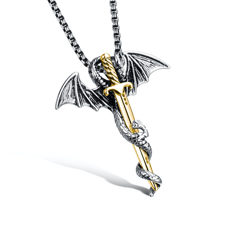 Ti-SPIRIT Dragon and Sword Necklace Gold Silver Stainless Pendant with Chain Amulet