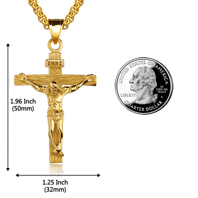Ti-SPIRIT Cross Lord's Prayer INRI Crucifix Necklace Gold Titanium Steel
