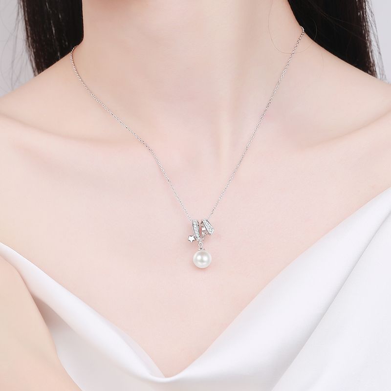 TUTELLA Lucky Star Moissanite Jewelry 8mm Sweet Water Pearl Pendant Necklace Collarbone Chain